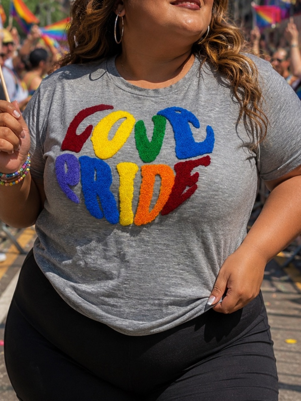 Lane Bryant Gray Tee with Multicolor Chenille Letters (love pride)